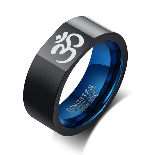 8mm Tungsten Ring for women Engraved Black Qualified Wedding Band Black-Blue color with om sign engraved