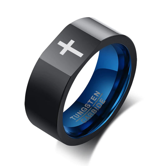 8mm Tungsten Ring for women Engraved Black Qualified Wedding Band Black-Blue color with cross engraved