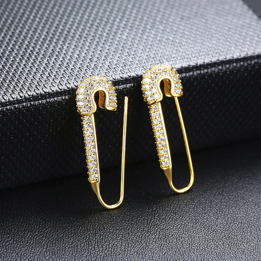 Earrings for Women Temperament Safety Pin, Luxury Full CZ Stones Stud Earring