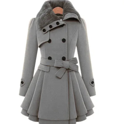 Women's Grey Trench Coat Winter Slim Long Wool Sherpa Coat Double Breasted Padded Cashmere Coat England Style