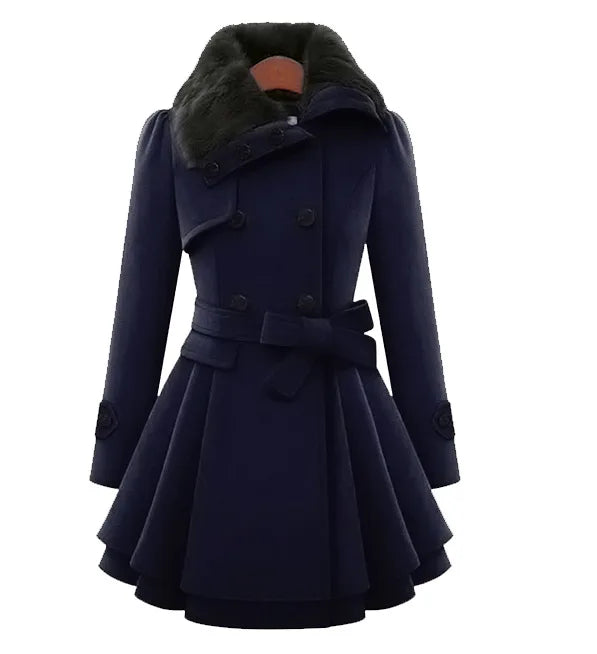 Women's Navy blue Trench Coat Winter Slim Long Wool Sherpa Coat Double Breasted Padded Cashmere Coat England Style