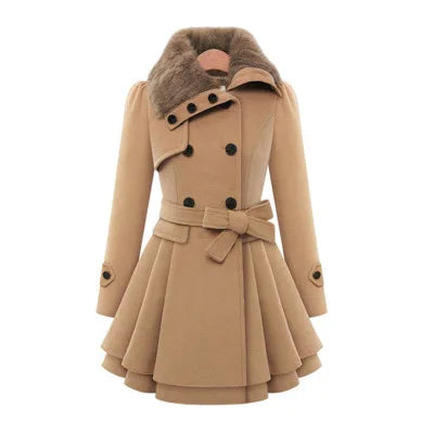 Women's Trench Coat Winter Slim Long Wool Sherpa Coat Double Breasted Padded Cashmere Coat England Style