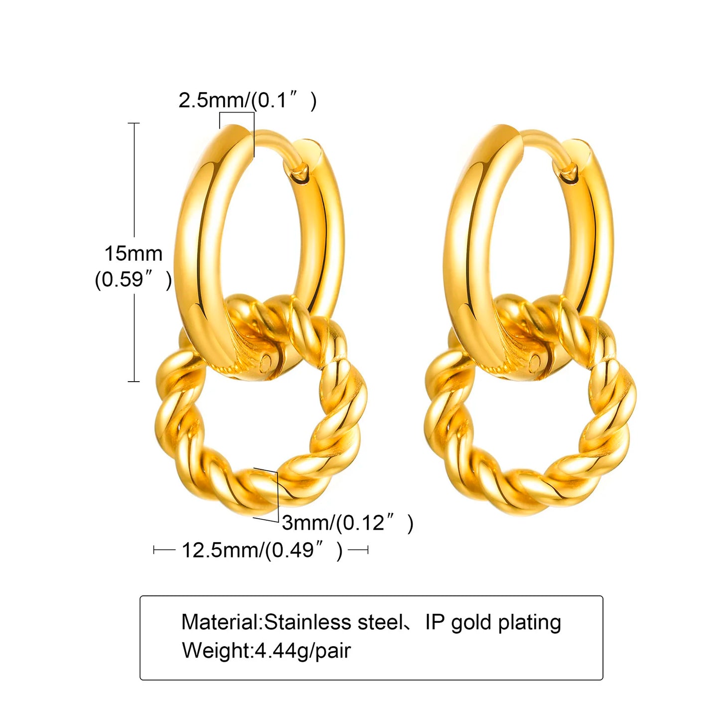 Earrings for Women Interlocked Circle, Removable Twisted Round Gold Color Stainless Steel Hoop, Stylish Girls Huggie