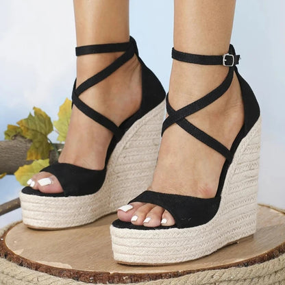 ALWED-35 Platform Wedge Sandals Sexy Fashion Thick Bottom Open Toe Buckle Strap Black High Heels black color