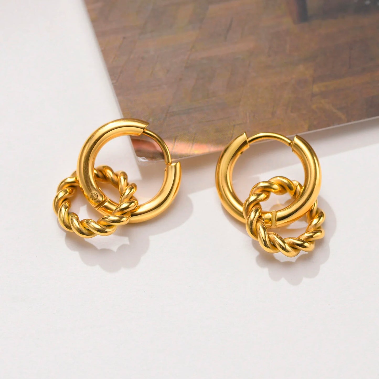 Earrings for Women Interlocked Circle, Removable Twisted Round Gold Color Stainless Steel Hoop, Stylish Girls Huggie