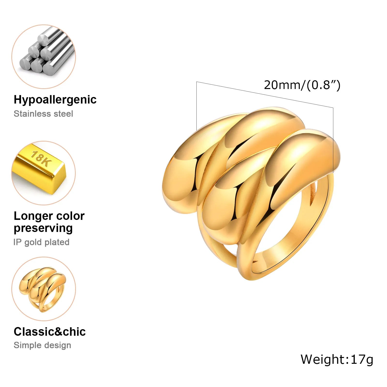 Women Chunky Rings, Layered Dome Ring, Stainless Steel specifications