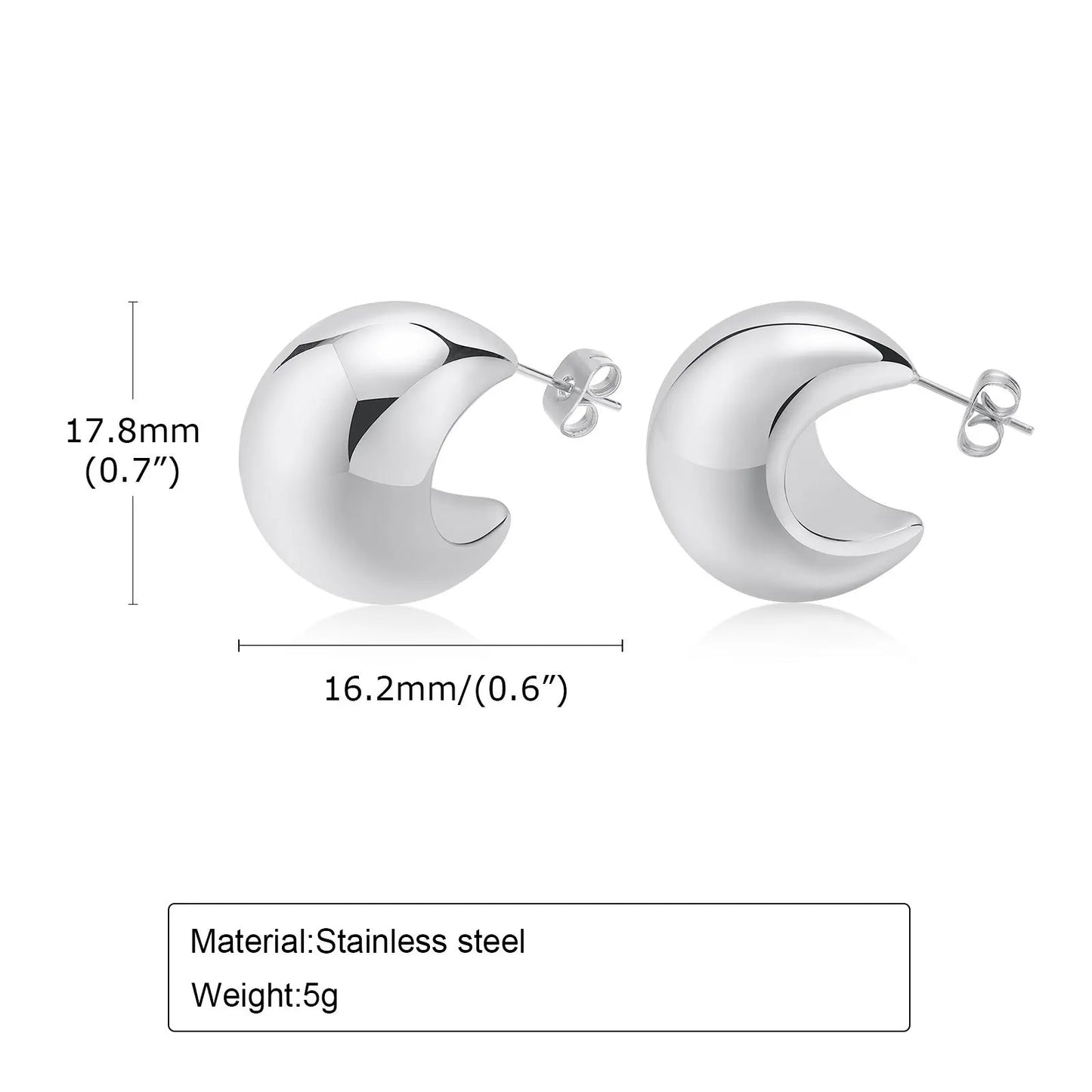 Earrings for Women Moon Stud, Glossy Stainless Steel Hollow C Shaped Earring Jewelry, pendientes mujer