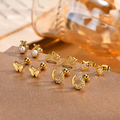 Earrings For Women Stainless Steel Stud Zircon Inlay, Hollowed Out Crown Gold Plated Fashion Jewelry