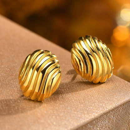 Earrings for Women Round Coin Stud Earrings, Gold Color Stainless Steel Shell Textured Earrings Jewelry