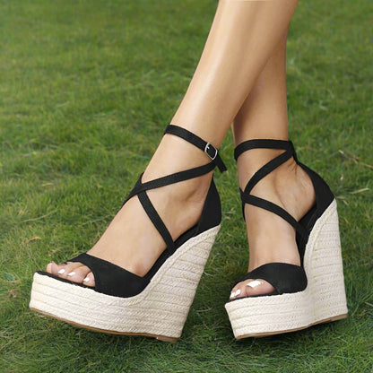 ALWED-35 Platform Wedge Sandals Sexy Fashion Thick Bottom Open Toe Buckle Strap Black High Heels pair view black color