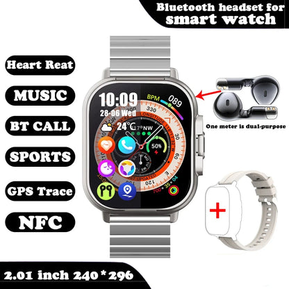 Smart Watch for women 2 in 1 With Earphone Smartwatch Bluetooth Call Watch GPS Track Heart Rate Monitor Play Music Metallic Rubber band