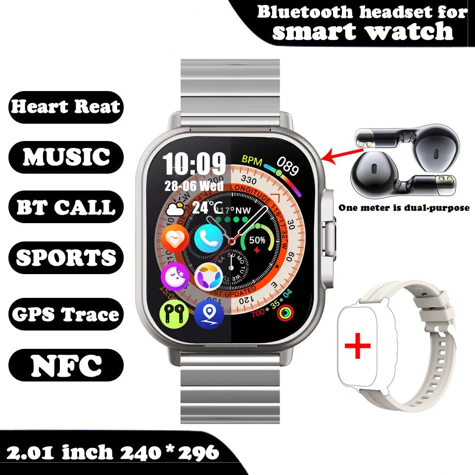 Smart Watch for women 2 in 1 With Earphone Smartwatch Bluetooth Call Watch GPS Track Heart Rate Monitor Play Music Metallic Rubber band variant image