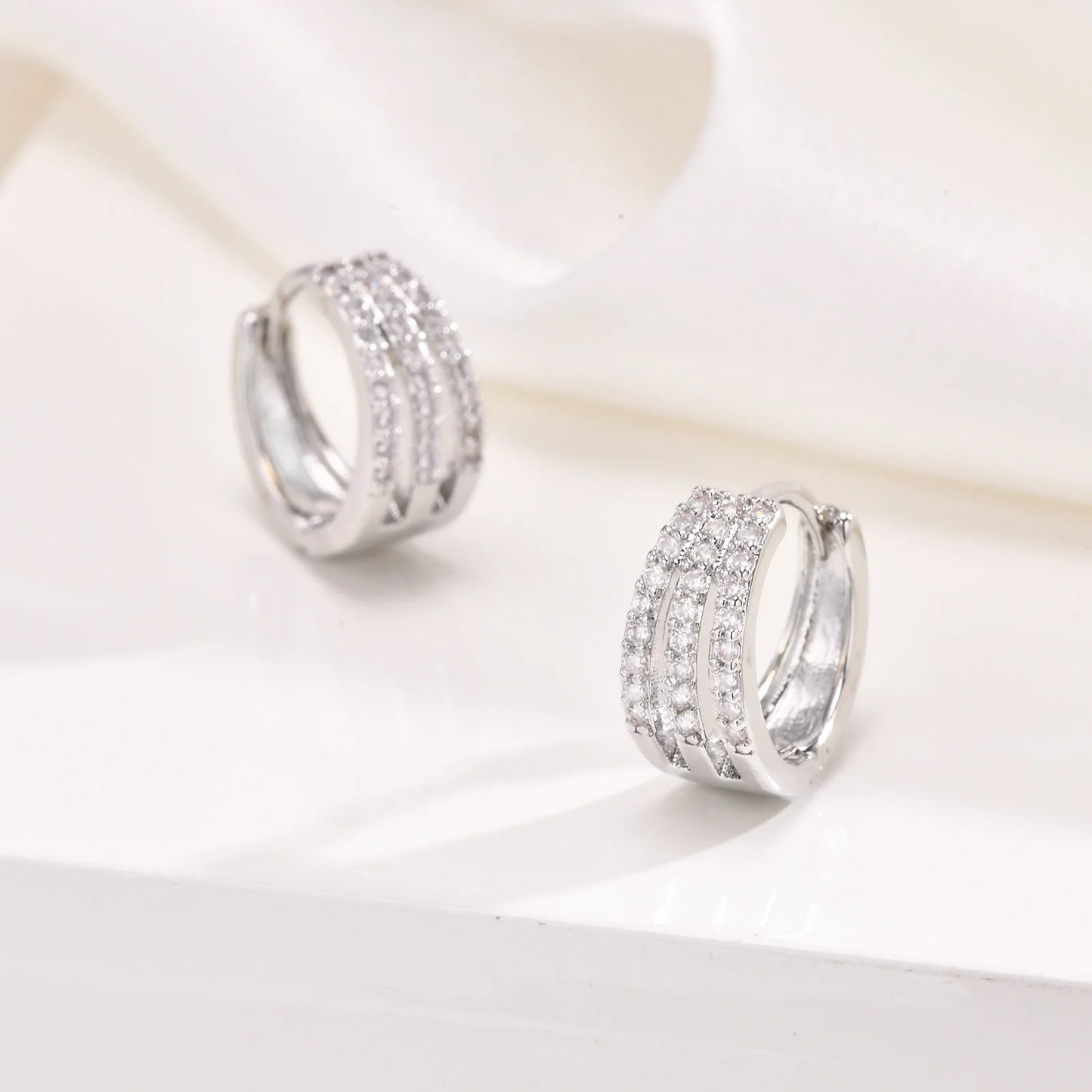 Earrings for Women Sparking Bling AAA CZ Stones Row Hoop Earrings, Silver Color Metal Huggies, Small Simple Claw Hoops