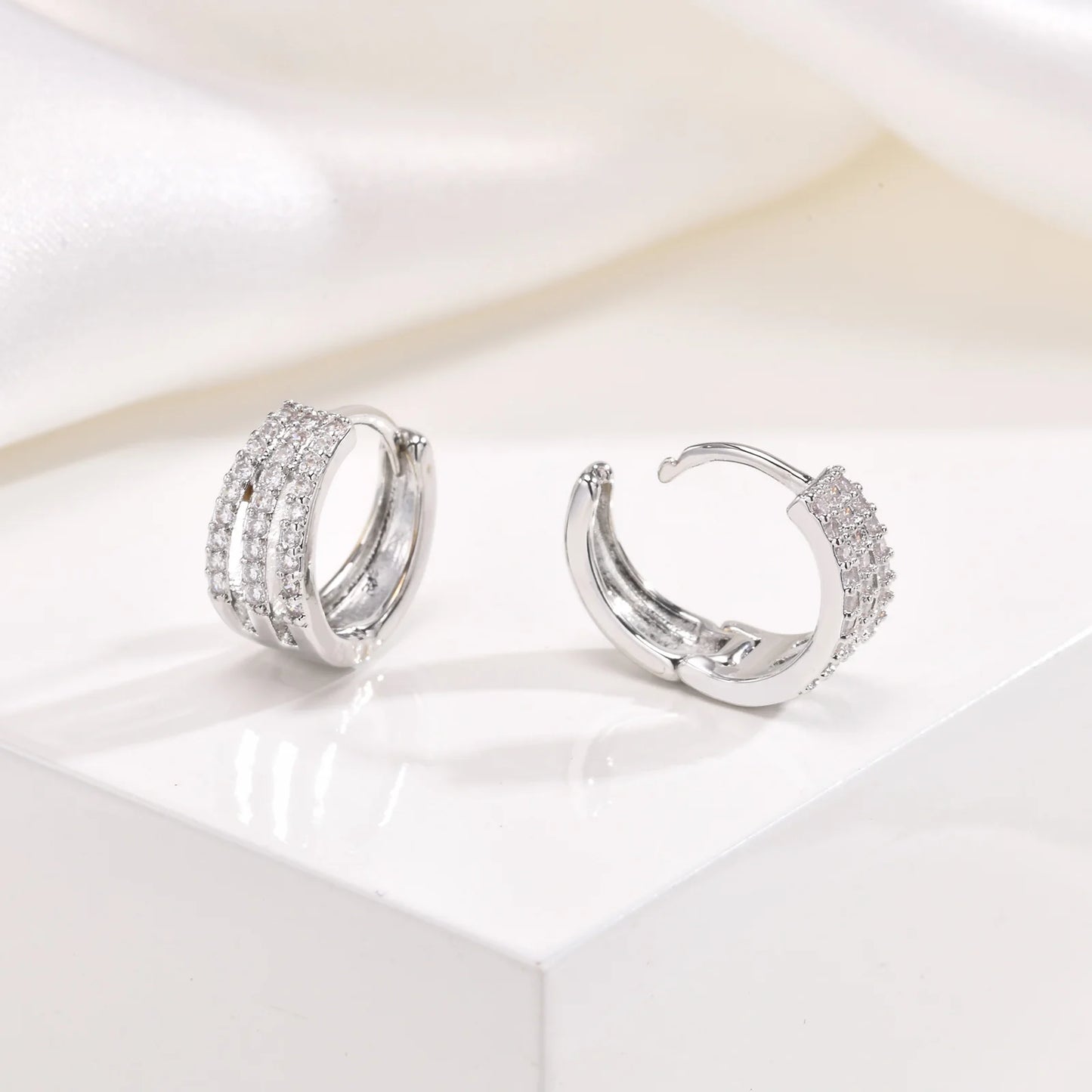 Earrings for Women Sparking Bling AAA CZ Stones Row Hoop Earrings, Silver Color Metal Huggies, Small Simple Claw Hoops