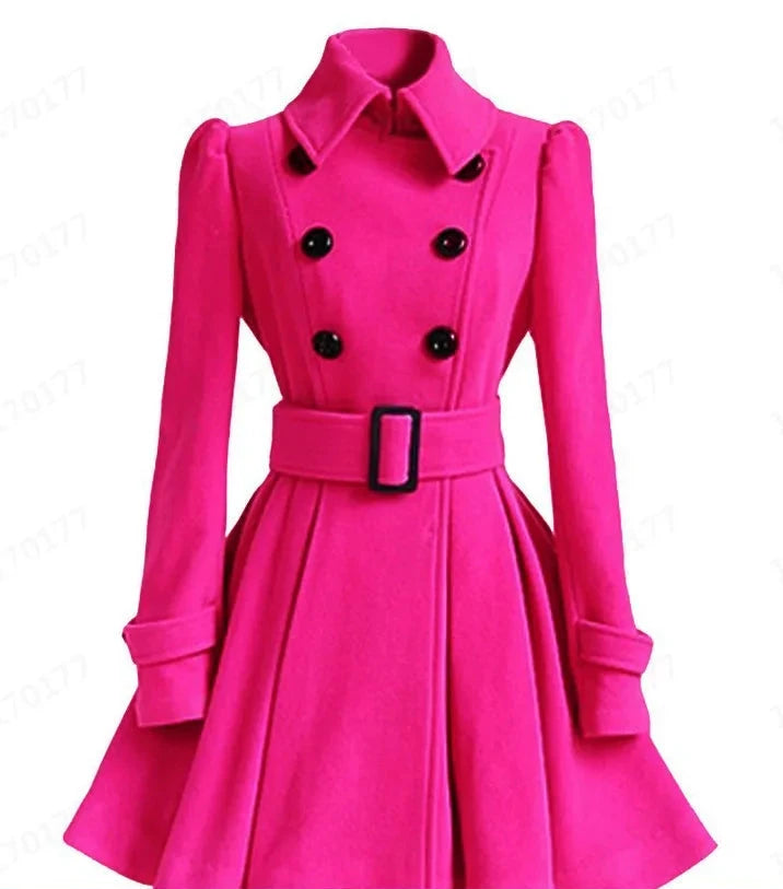 Women‘s Overcoat Elegant Thick Mid Length Warm A-line Loose Hem Tight Waist Woolen Coat with Belt Trench Coat for Women