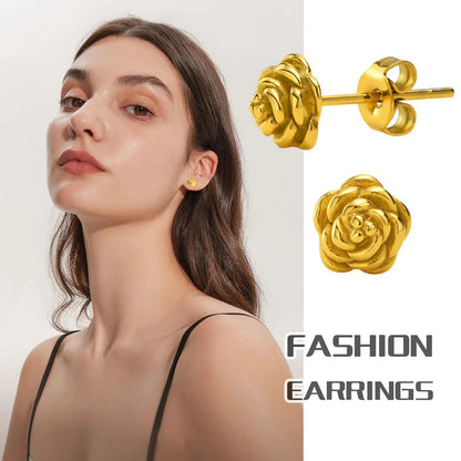 Women's Earrings Aretes para mujeres Elegant Rose Flower Stud Earrings for Women Party Wear, Gold Color Stainless Steel Ear Gift Jewelry to Lady Girls