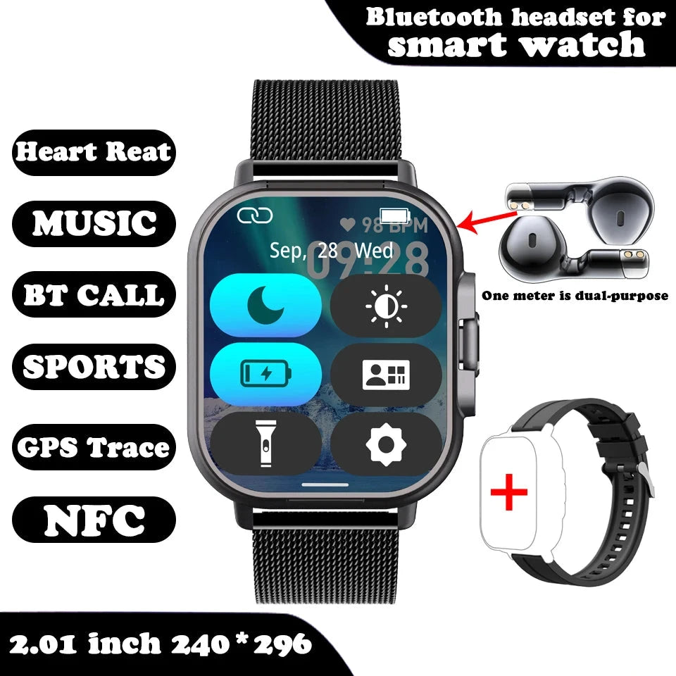 Smart Watch for women 2 in 1 With Earphone Smartwatch Bluetooth Call Watch GPS Track Heart Rate Monitor Play Music Black Metallic Mesh band