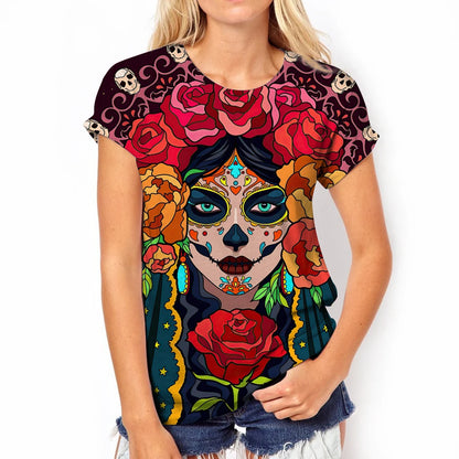 Day of the Dead Dress Up Printed Women's T-Shirts Fashion Rose Skull Graphic Tee Casual O-Neck Streetwear Oversized Short Sleeve