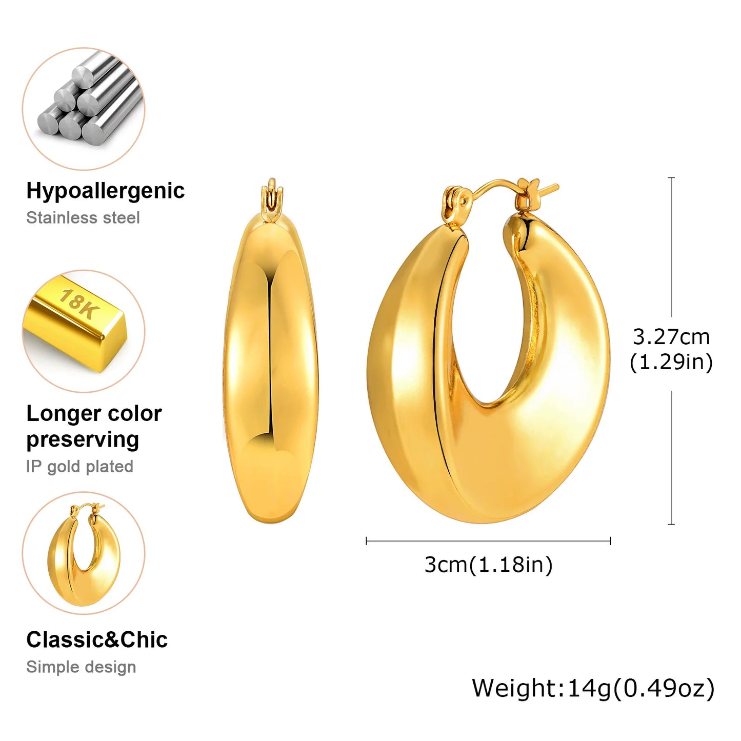 Earrings for Women 18K PVD Hoop, Gold Plated Stainless Steel Chunky Huggies Earrings, Minimalist Jewelry