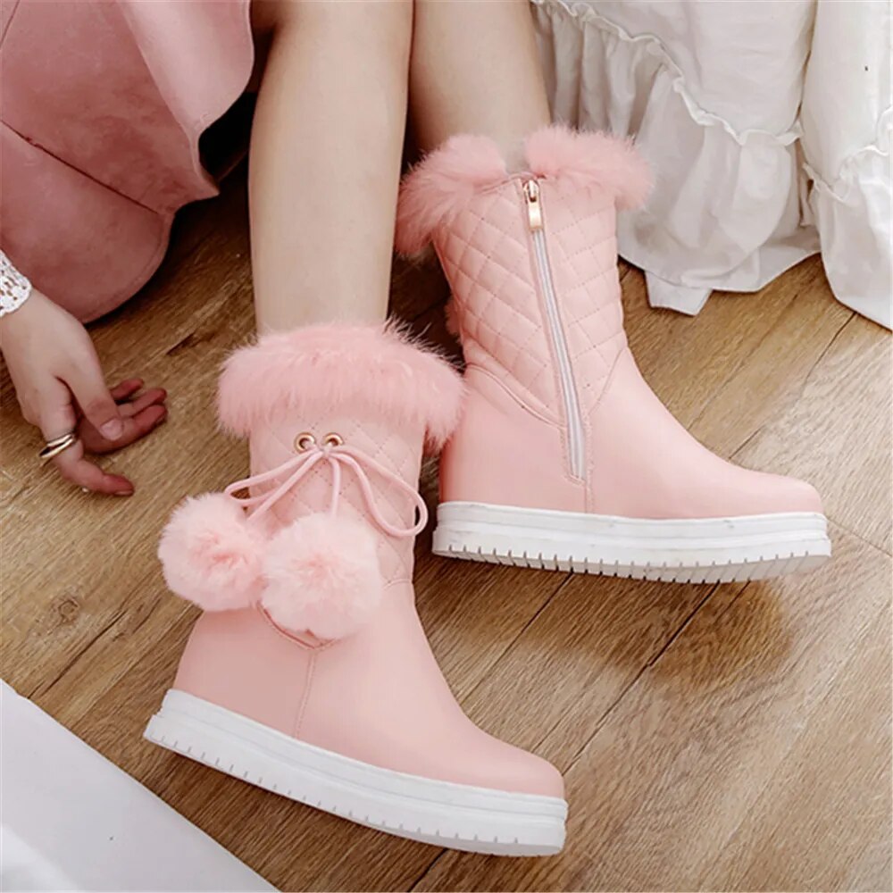 Winter Boots For Women - Botas de Invierno de Mujer Platform Thick Plush Warm Zip Pink Color