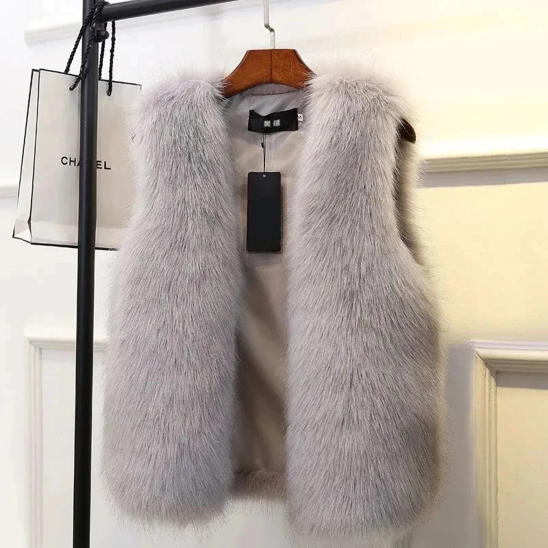 Grey Fur Vest for Women Female Waistcoat Faux Fox Fur Overcoat Winter Jackets Thickened Warm Sleeveless Outwear Top