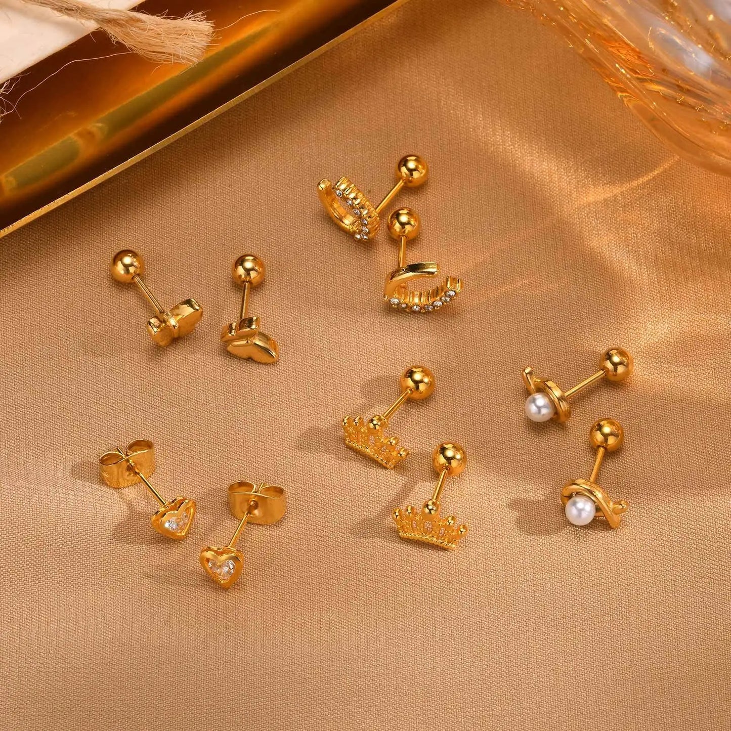 Earrings For Women Stainless Steel Stud Zircon Inlay, Hollowed Out Crown Gold Plated Fashion Jewelry