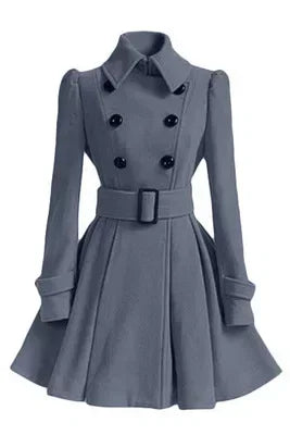 Women‘s Overcoat Grey color Elegant Thick Mid Length Warm A-line Loose Hem Tight Waist Woolen Coat with Belt Trench Coat for Women