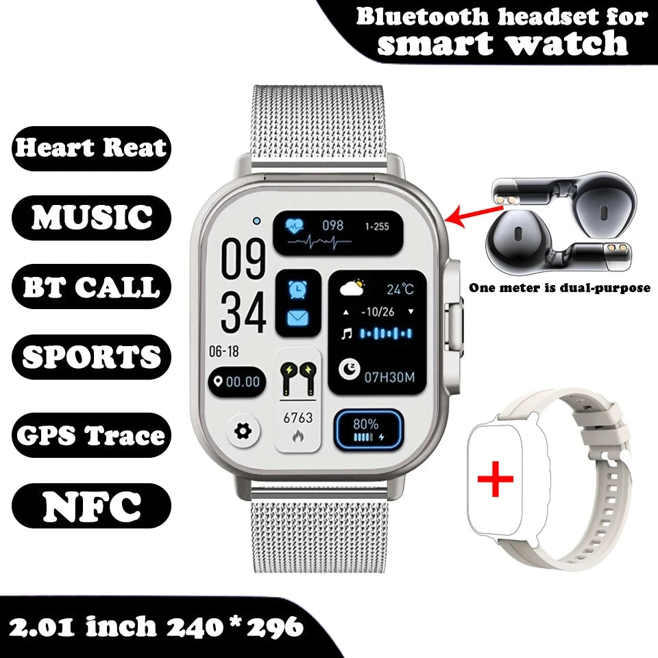 Smart Watch for women 2 in 1 With Earphone Smartwatch Bluetooth Call Watch GPS Track Heart Rate Monitor Play Music Metallic Mesh band