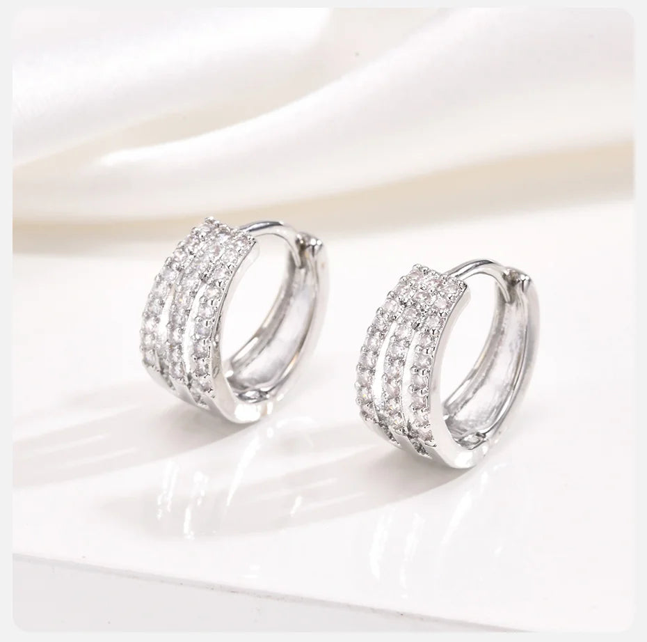 Earrings for Women Sparking Bling AAA CZ Stones Row Hoop Earrings, Silver Color Metal Huggies, Small Simple Claw Hoops