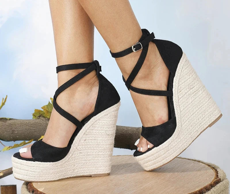 ALWED-35 Platform Wedge Sandals Sexy Fashion Thick Bottom Open Toe Buckle Strap Black High Heels side view black color