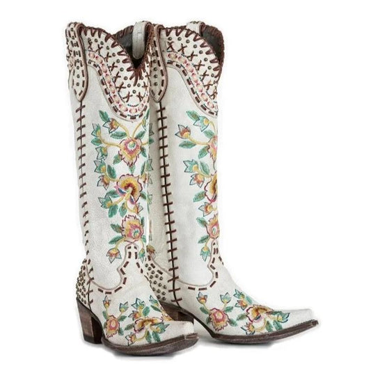 Western Boots for Women - Botas Vaqueras para Mujer Chunky Heels Pointed Toe Embroidered Slip On Cowgirl Knee High