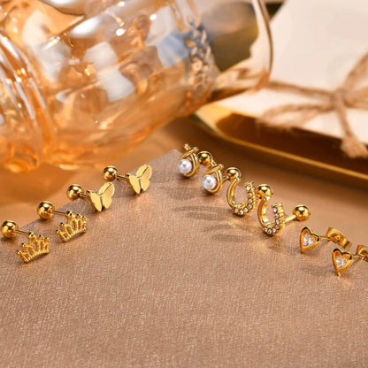 Earrings For Women Stainless Steel Stud Zircon Inlay, Hollowed Out Crown Gold Plated Fashion Jewelry