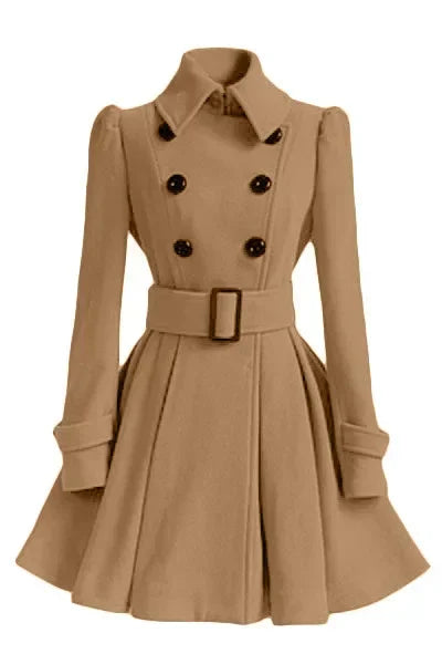 Women‘s Khaki Overcoat Elegant Thick Mid Length Warm A-line Loose Hem Tight Waist Woolen Coat with Belt Trench Coat for Women