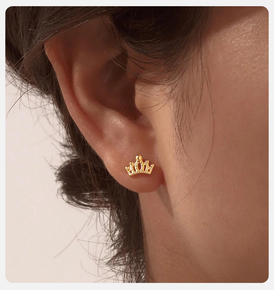 Earrings For Women Stainless Steel Stud Zircon Inlay, Hollowed Out Crown Gold Plated Fashion Jewelry