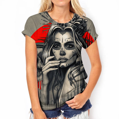 Day of the Dead Dress Up Printed Women's T-Shirts Fashion Rose Skull Graphic Tee Casual O-Neck Streetwear Oversized Short Sleeve