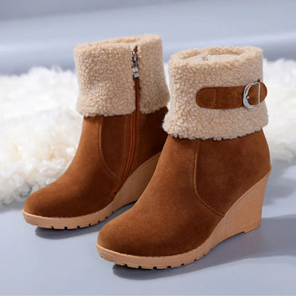 Winter Boots For Women - Botas de Invierno de Mujer Fur Warm Snow Boots Ladies Side Zip Wedges Flock Booties Ankle Boots Comfortable 