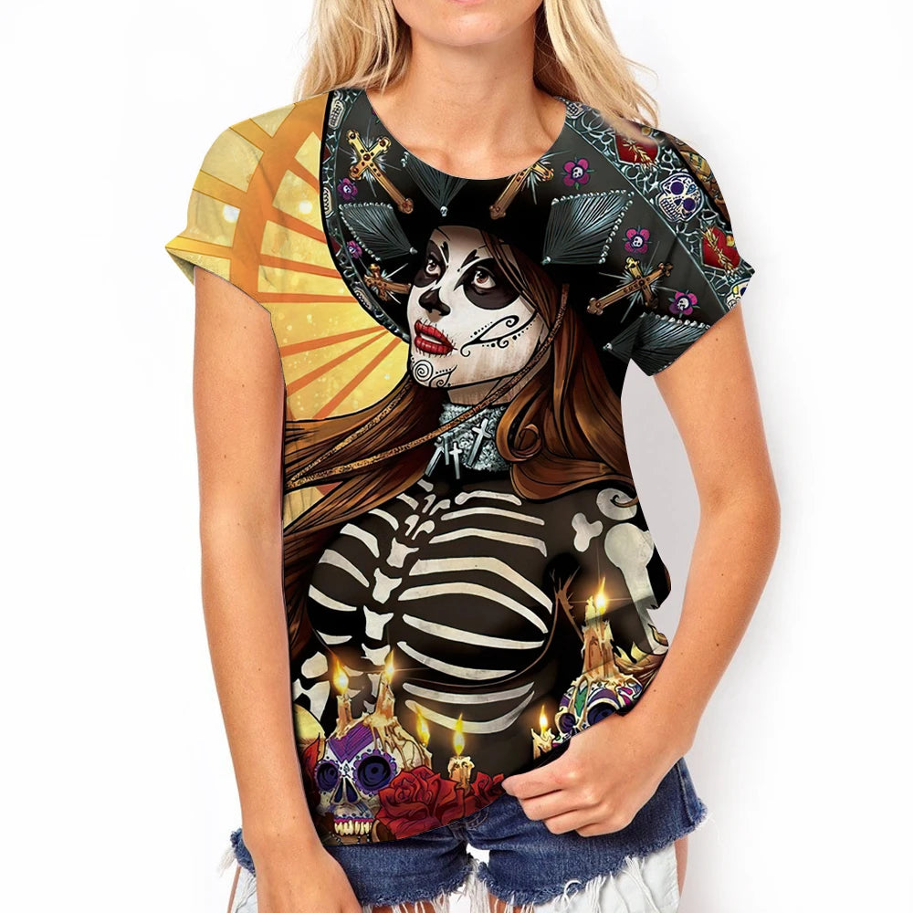 Day of the Dead Dress Up Printed Women's T-Shirts Fashion Rose Skull Graphic Tee Casual O-Neck Streetwear Oversized Short Sleeve