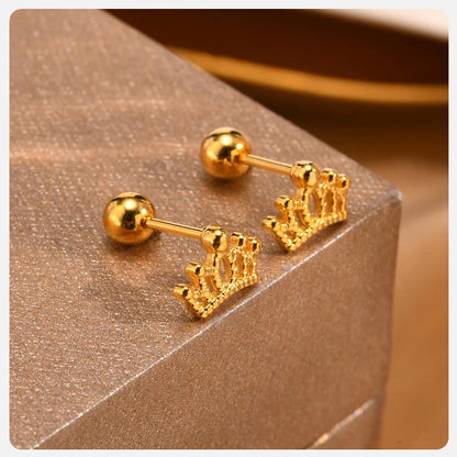 Earrings For Women Stainless Steel Stud Zircon Inlay, Hollowed Out Crown Gold Plated Fashion Jewelry