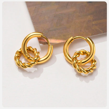 Earrings for Women Interlocked Circle, Removable Twisted Round Gold Color Stainless Steel Hoop, Stylish Girls Huggie