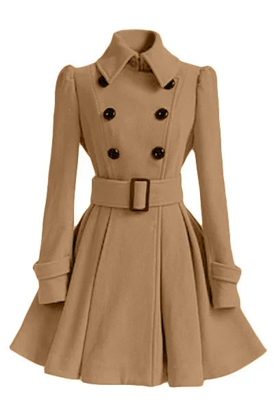 Women‘s Overcoat Elegant Thick Mid Length Warm A-line Loose Hem Tight Waist Woolen Coat with Belt Trench Coat for Women