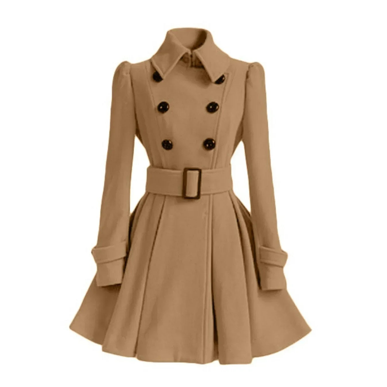 Women‘s Overcoat Elegant Thick Mid Length Warm A-line Loose Hem Tight Waist Woolen Coat with Belt Trench Coat for Women Khaki