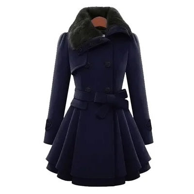 Navy Blue Women's Trench Coat Winter Slim Long Wool Sherpa Coat Double Breasted Padded Cashmere Coat England Style