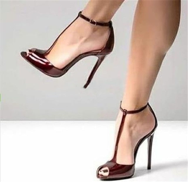Heels for women Female Multicolors Leather Patchwork T-Strap Pumps