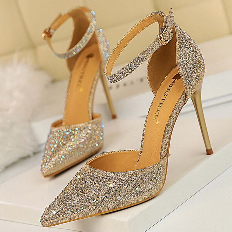 Ladies Glitter Fabric Pointed Court Stiletto Heel - Rose Gold