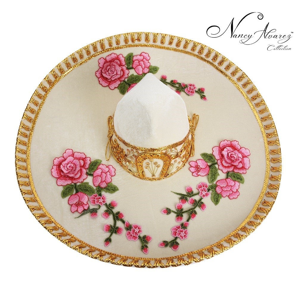 NA-TM-71235 Beige-Gold With Flowers Sombrero Charro Nancy Alvarez Collection