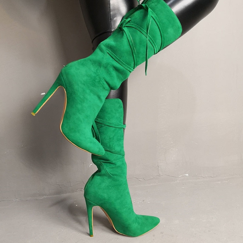 Sexy High Heels Green Boots For Women Lace Up Mid Calf Booties