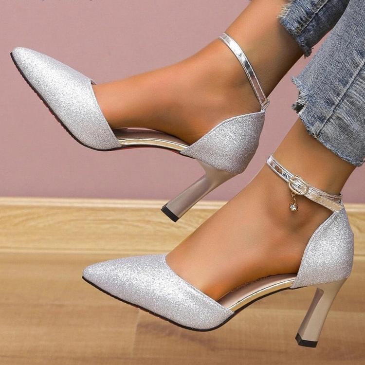 Heels for Women Glitter Point Toe Ankle Strap Pumps Mid Shoes Silver Party Wedding Shoes Small Thick Heel silver color side view