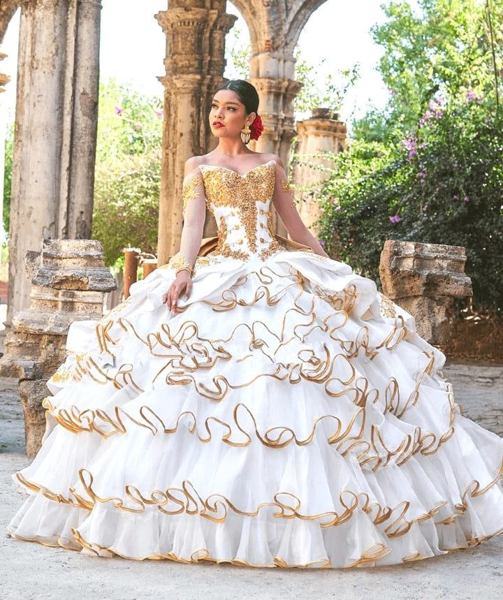 Women Dress Charro Quinceanera Dresses Long Sleeves Tulle Appliques Mexican  Sweet 16