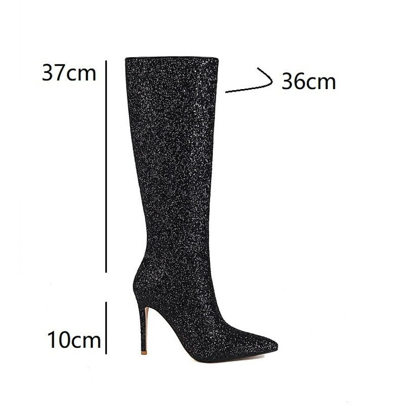 Women Boots Sexy Stiletto Heels Silver Red Glitter Boots Women Thin High Heeled Bling Bling Gold Sequined Knee-high Long Boot Party specs